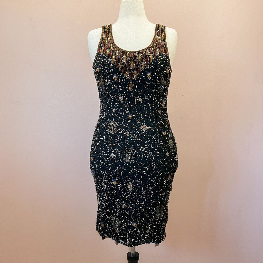 Vintage Black Silk Sequin Beaded Art Deco Celestial Party Dress 10T Formal